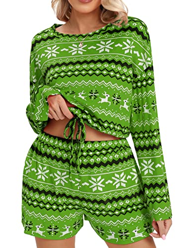 TOMEEK Pyjama Short Femme de Noël Pyjama Femme Hiver en Polaire Flocons de Neige et Cerf Ensembles de Pyjamas Noël avec Poches, Vert, Taille L Cover