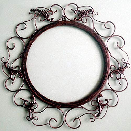 XIUXIU Espejo Inicio Retro Color sólido Redondo Hierro Forjado Espejo Decorativo Baño Montado en la Pared Espejo de vanidad (Color : Brown)