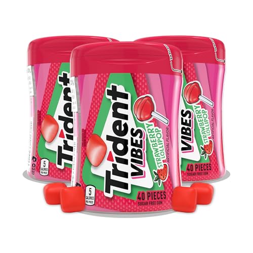 Image of Trident Vibes STRAWBERRY LOLLIPOP Sugar Free Chewing Gum, 40 Piece Bottle (Pack of 3)