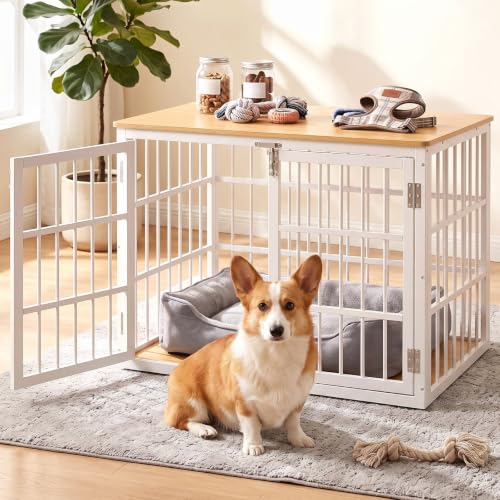 Image of NEWBULIG 42 Inch Dog Crate Furniture for Large Dogs, Space Saving Pet House End Table with Double Lock Door, Heavy Duty Indoor Kennel for Living Room, White & Wood