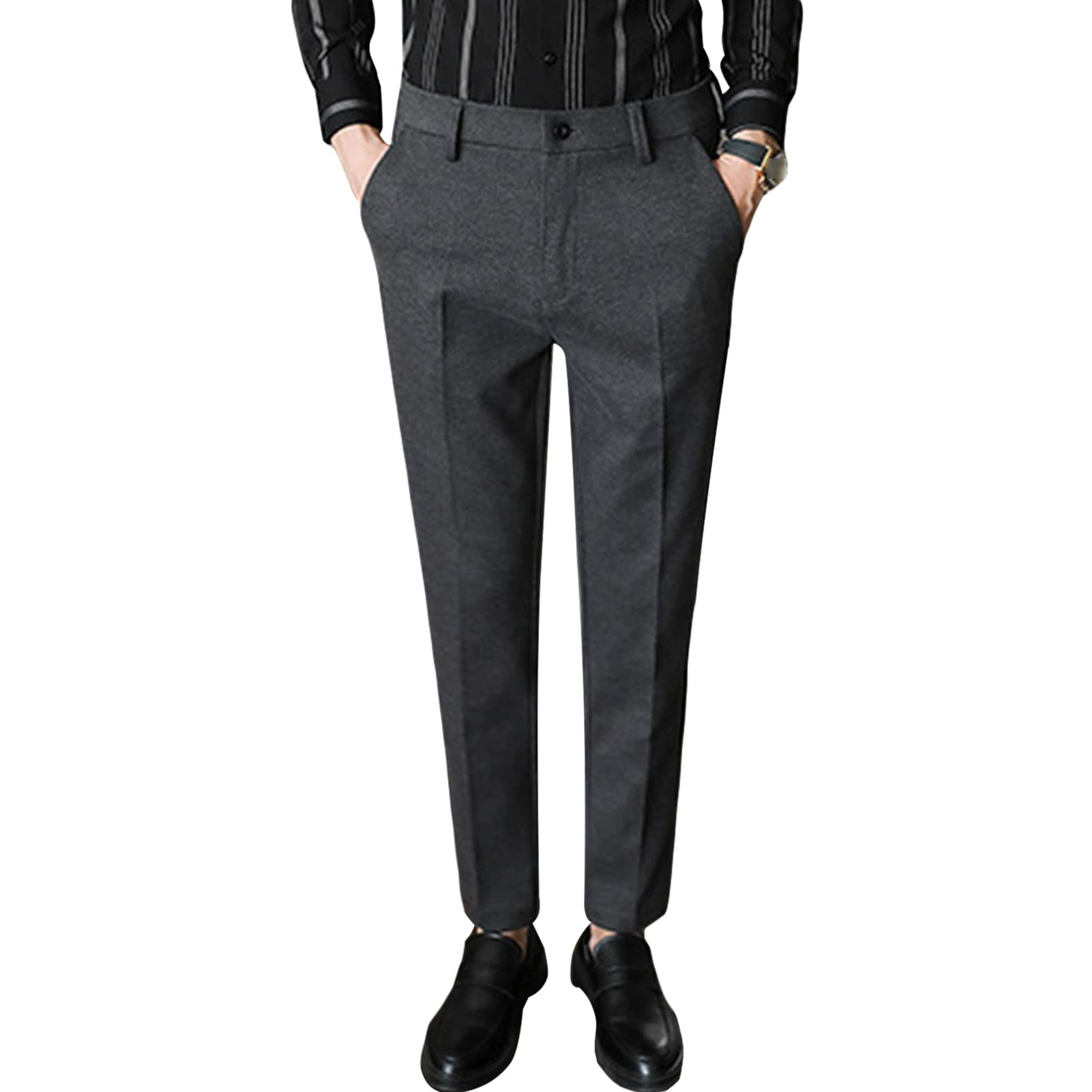 Men Classic Stretch Business Comfort Pant Straight Fit Flat Front Tapered Suit Pant Lightweight Slim Solid Trousers (Dark Grey,33)