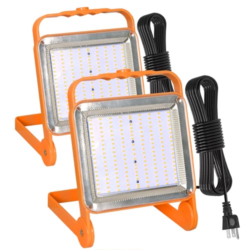 2-Pack 50W Super Bright LED Work Light - 8,000LM (500W Equivalent), IP65 Waterproof, 10ft Heavy Duty Cord, 5000K Daylight, Adjustable Flood Lights for Workshop, Garage, Construction Site