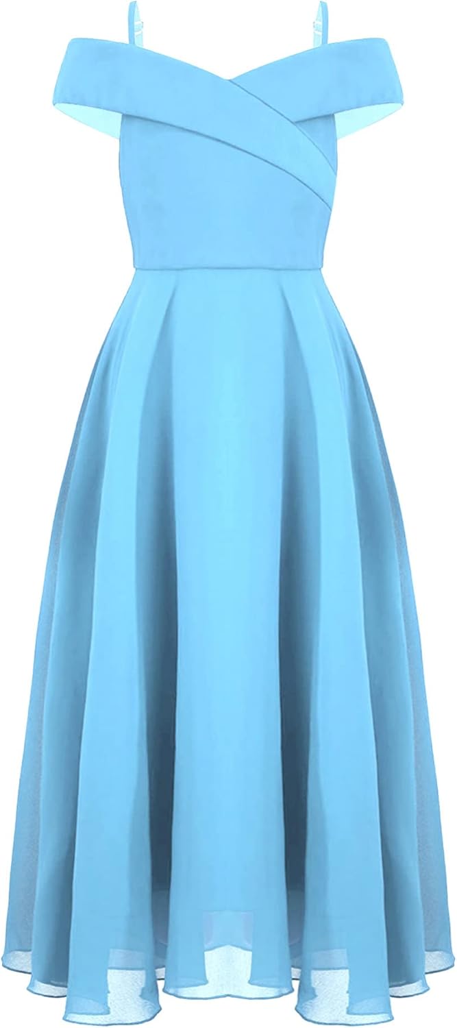 IEFIEL Vestido Largo de Fiesta Boda para Niña Vestido de Gasa Elegante Fuera del Hombro Sólido Vestido Princesa de Dama de Honor Boda Gala
