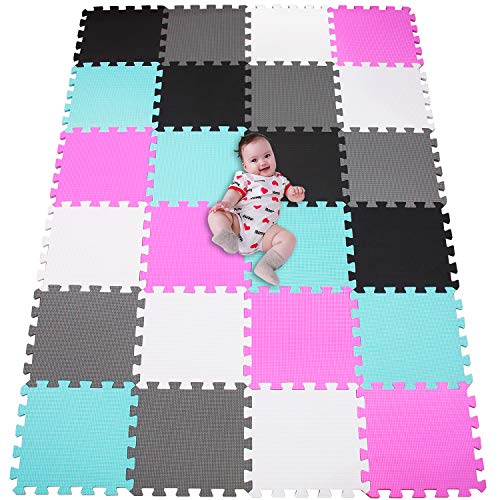 MSHEN 24 pièces Puzzle Tapis Mousse bébé | Tapis Mousse Puzzle|Tapis de So l Jeux éducatifs pour la Petite enfance Tapis. La Taille 1,93 carré.Blanc -Rose-Noir-Vert-Blanc cassé-ACDHLg24 Cover