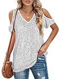 Sequin Tops Women Sparkly Shirt: Party Top Sparkle Shirts Glitter Cold Shoulder V Neck Blouses Evening Club Outfits