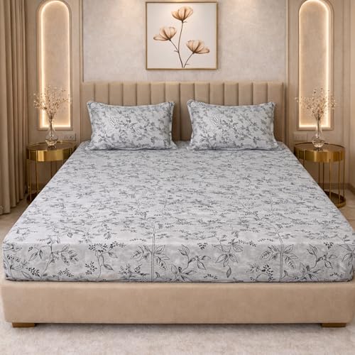 Image of THEA Elastic Fitted Double Bedsheet Set| 100% Cotton Like Soft Fabric | Double Bedsheet for Double Bed (72 X 78 x 6 inches) with 2 Pillow covers,Silver Grove