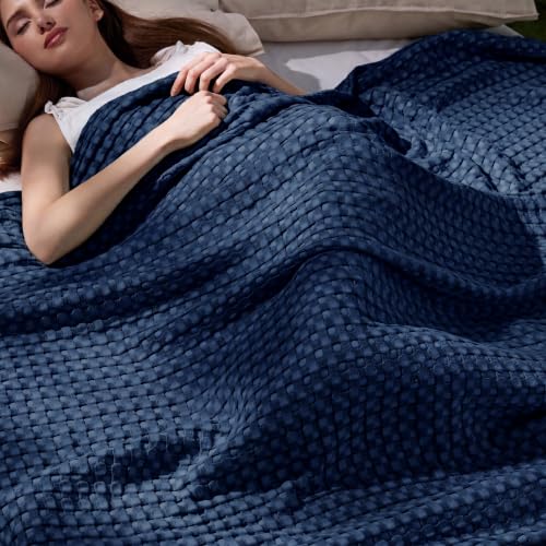 Image of Bedsure Cooling Cotton Waffle Queen Size Blanket - Lightweight Breathable Summer Blanket of Rayon Derived from Bamboo for Hot Sleepers, Luxury Throws for Bed, Couch and Sofa, Navy, 90x90 Inches