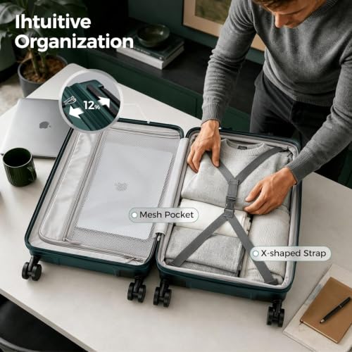 Image of Carry on Luggage Top opening Suitcases, Expandable with Cup&Phone Holder and USB Charging Port,Hardside with Front Pocket Rolling Suitcases with Spinner Wheels&YKK Zippers(Dark Green, 20 Inch)