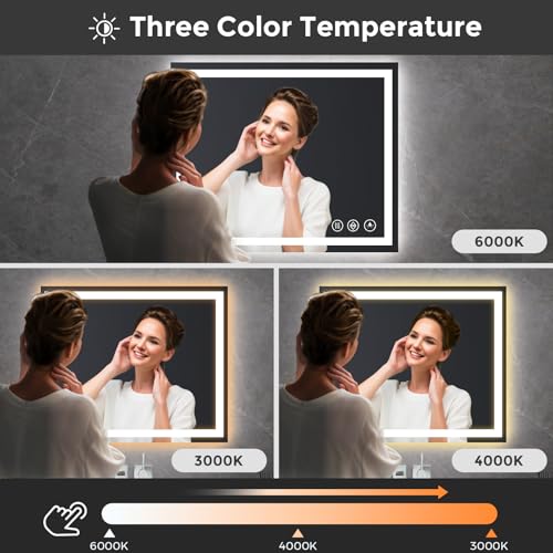 Image of Koonmi 30x48 LED Bathroom Mirror, Backlit + Front Lit, LED Bathroom Mirror with Lights for Wall, 3 Colors, Anti-Fog, Dimmable Brightness, Memory Function, Tempered Glass