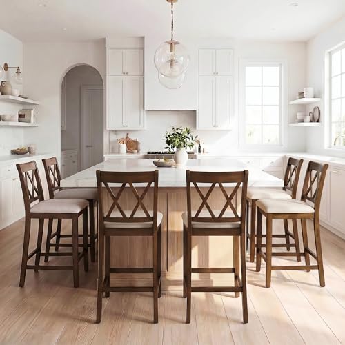 Butacos de barra chairus, set de 6 unidades, altura 24 pulgadas, respaldo en X cruzado y asiento acolchado en cuero sintético PU, estilo moderno y rústico para isla de cocina, bar en casa o comedor miniatura 1