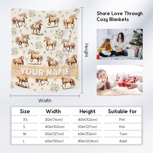 Custom Horse Throws Blanket with Name - 40x50 Inches Cute Throw Blanket for Girls - White Soft Fuzzy Blankets for Couch & Office