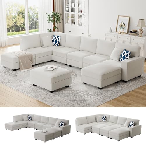 Vansen U-Shaped Modular Sofa with Ottoman, Cream
