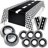 12 Pcs Racing Car Party Supplies Checkered Racing Party Decorations Include Checkered Tablecloth Inflatable Tire Tubes and Road Table Runner Car Birthday Decor for Racing Theme Party Supplies