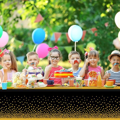 Image of 2 Pack Black and Gold Tablecloth Party Decorations Plastic Black Tablecloth Printed Gold Table Runner 54 x108 Inch Disposable Rectangle Table Cover for Birthday Wedding Graduation Anniversary