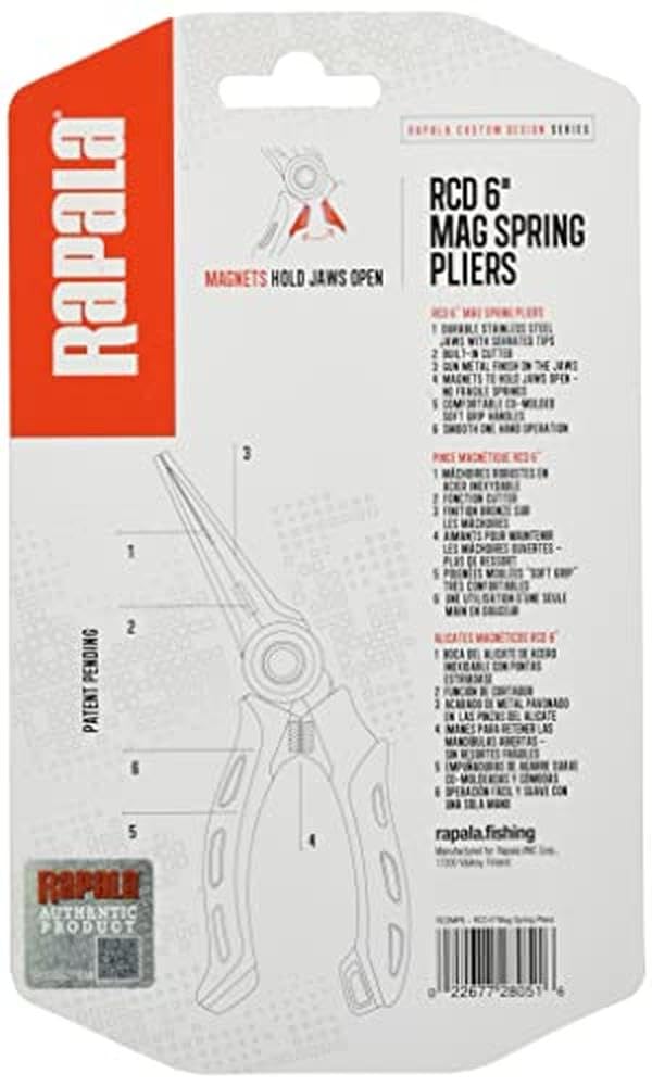 Rapala - Alicates de Pesca RCD Mag Spring Pliers - Material de Pesca con Mordazas de Acero Inoxidable - Artículo de Pesca con Muelle Resistente - Mango Ergonómico Soft Grip - 20 cm - Negro/Rojo