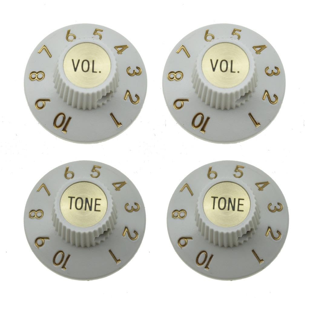 Dopro Premium Hexenhut-Knäufe mit Röcken, 2V2T für 72 Telecaster Custom/Vintage Jazzmaster oder Verstärker, Weiß mit goldfarbener Kappe, 4 Stück