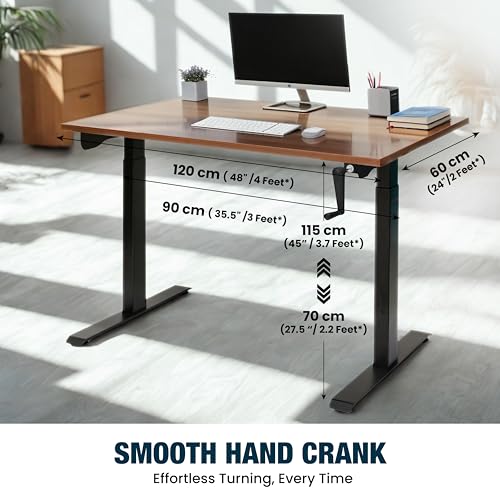 Image of Manual Height Adjustable Desk | 120x60 cm Walnut Top, 18mm Thick | Black Frame | 60kg Capacity | Smooth Hand Crank | 2-Year Warranty | Sturdy Steel Frame | Ergonomic Home & Office Use
