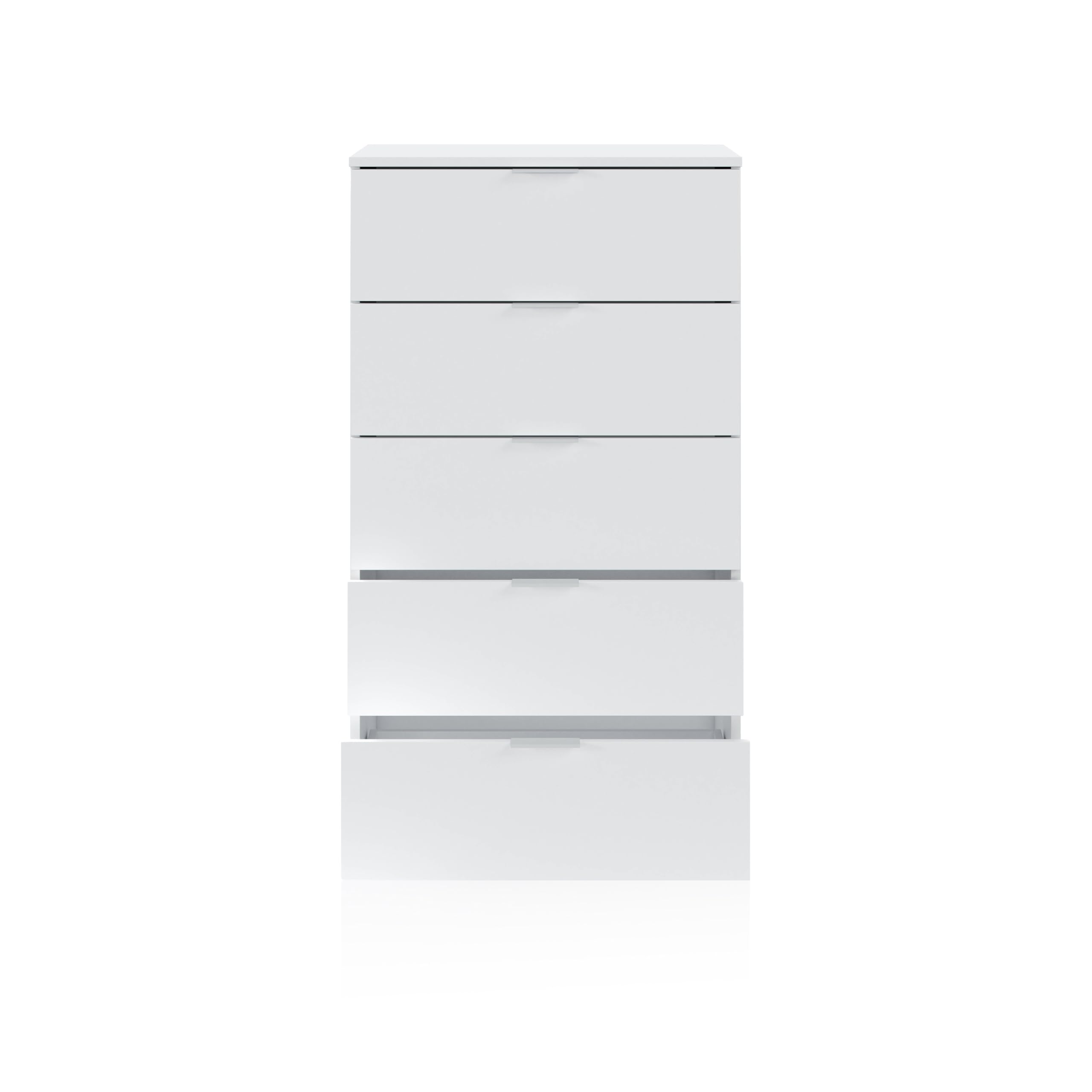 duehome | Comoda de 5 Cajones para Dormitorio, Modelo Akari, Acabado en Blanco Artik, Medidas: 60 cm (Largo) x 110 cm (Alto) x 40 cm (Fondo)