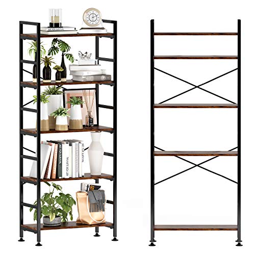 5-Tier Adjustable Tall Bookcase Rustic Wood and Metal Standing Bookshelf Industrial Vintage Book Shelf Unit Open Back Modern Office Bookcases