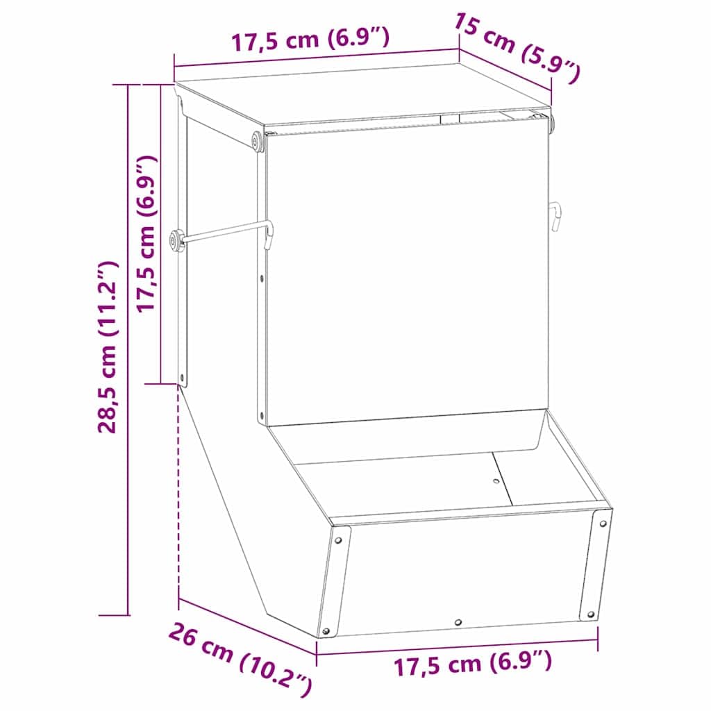 Comedero para conejos negro de acero laminado en frío, 17,5 x 26 x 28,5 cm, capacidad de 1,5 kg, montaje en pared para interior y exterior, dispensador de comida para porciones y dosificación