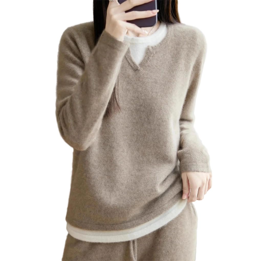 Women Sweater and Pullovers Wool Long Sleeves V-Neck Patchworking Knit Bottoming Jumpers