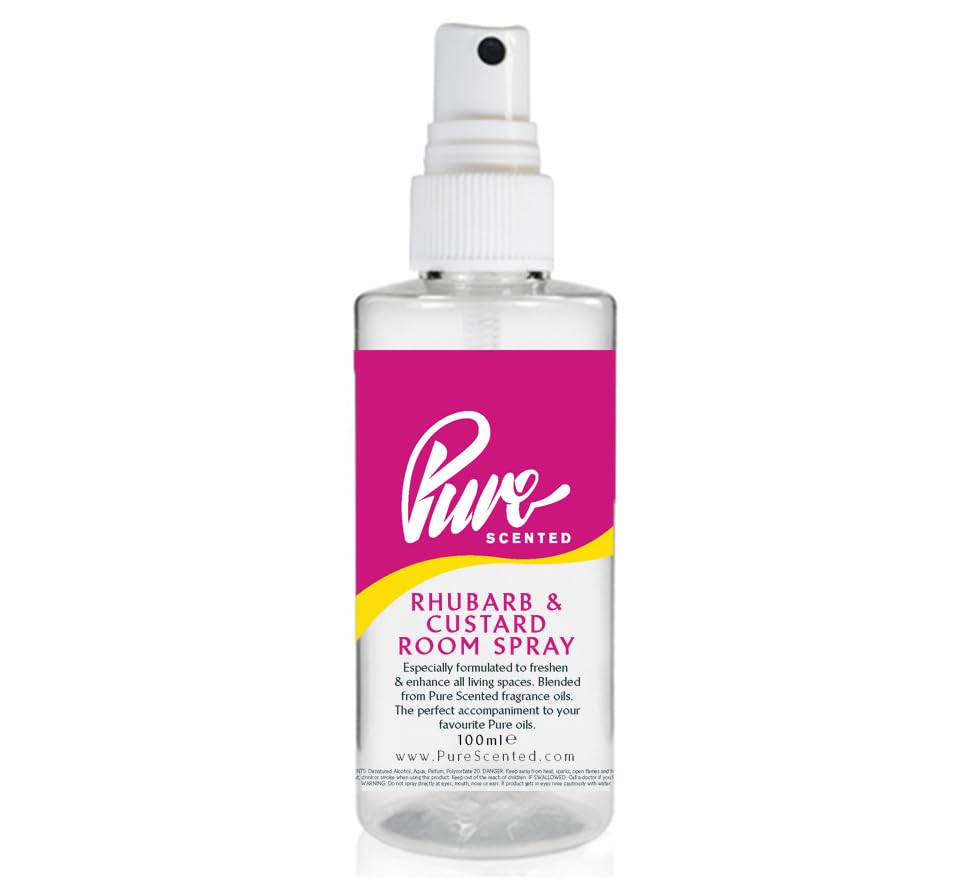 "Pure Scented 100ml Room & Fabric Sprays Suitable For Home, Car, Caravan, Work, Gym Bags, Odour Eliminators (1 x 100ml, Rhubarb & Custard)"