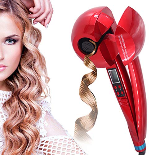 Hair Curler Steam Curler Wave Hair Roller with LCD Screen Ceramic Fast & Anti-Scald Curler for Both Long & Short Hair Fashion Salon Automatic Curling Iron Machine Styler (Red)