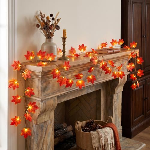 3 Pack Fall Leaves Garland with Light 7.5ft Fall Decorations for Home | Fall Garland Maple Leaf Artificial Hanging Vine Autumn Foliage Garland Thanksgiving Christmas Fall Decor for Fireplace Mantle - image 4