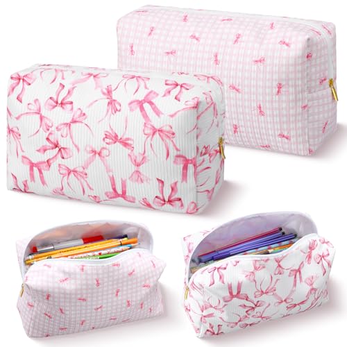 Image of Sherr 2 Pack Coquette Pink Bow Pencil Pouch for Girl Women Cute Bow Corduroy Makeup Bag for Women Soft Quilted Pencil Case for Back to School Gifts Kawaii Pen Box Bag for School Office