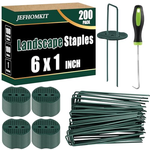 JEFHOMKIT 100Pack Green Landscape Staples and 100 Pack Buffer Washer,6 Inch 11 Gauge Galvanized Steel Garden Staples,Pick Hook Garden Stakes,Heavy Duty Yard Stakes for Weed Barrier Fabric,Ground Cover