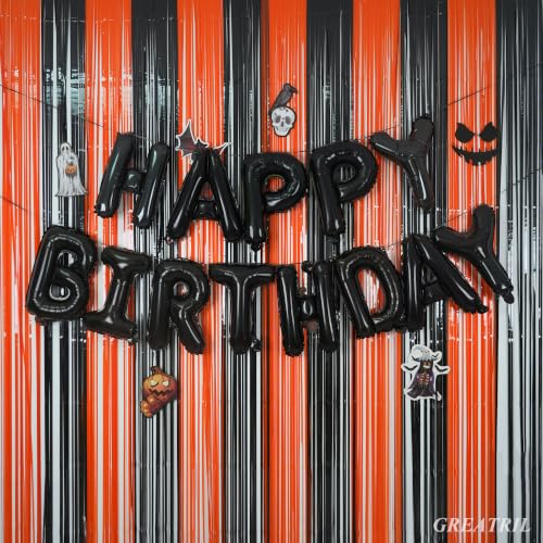 Image of Black Orange Streamers Party Backdrop - GREATRIL Tinsel Fringe Curtain for Halloween Decorations /Pumpkin /Birthdays Party Decoration - 3.2ft X 8.2ft - 2 Packs