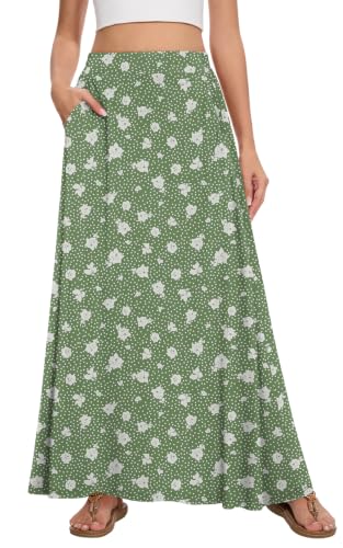 Image of Womens Maxi Skirt Long Flowy Summer A-Line High Waist Skirts | Elastic Waistband with Pockets, Lightweight Fabric, Casual Wear, Swing beach boho Outfits, Fashion Clothes
