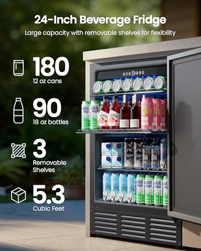 Image of 24 Inch Beverage Refrigerator, 180 Can Under Counter Fridge, Stainless Steel Outdoor Fridge for Patio & Outdoor Kitchen, Outdoor Refrigerator for Soda, Beer, Built-in & Freestanding(Black)