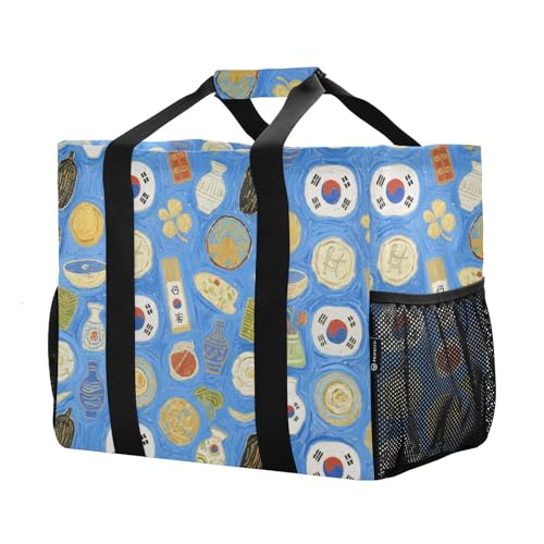 Art Oil Painting Korea Blue Utility Storage Bag Foldable Tote Bag For Beach With Compartments Reusable Shopping Bags with Handles Totes For Car2
