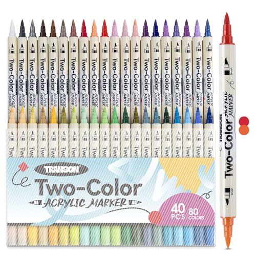 TRANSON 80 Colors Acrylic Paint Marker Set, 40 Pieces of Dual-color Acrylic Paint Pens with Brush Tips Versatile for Craft Painting, Drawing, Rock Painting, DIY, Paint on Most Surfaces