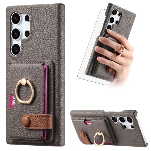 Asuwish Phone Case for Samsung Galaxy S24 Ultra 5G Wallet Cover with Screen Protector and Thin Slim Ring Stand Credit Card Holder Leather Cell Accessories S24Ultra 24S S 24 24Ultra Women Men Gray