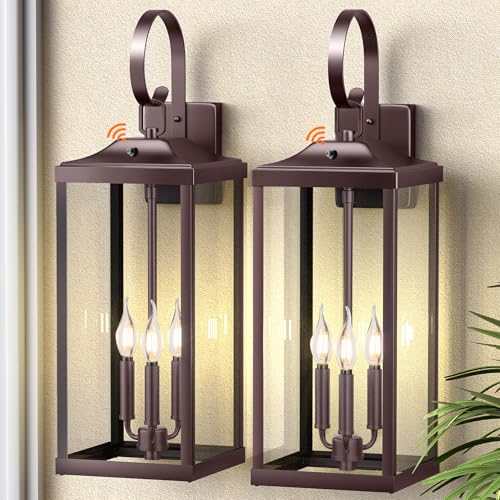 Image of 24 inch Extra Large Oil Rubbed Bronze Dusk to Dawn Outdoor Wall Lantern 3-Light | Outdoor Porch Lantern Wall Mounted, Waterproof Modern Outside Wall Sconces Coach Lamp for Front Door Garage, Brown, 2-Pack