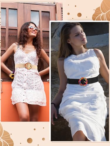 Image of WILLBOND 4 Pcs Women's Elastic Raffia Woven Belt, Boho Rattan Buckle Stretch Straw Wide Waist Belt for Dresses Jeans Pants