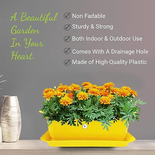 Image of Rectangular Plastic Flower Pot /Planter /Gamla with Bottom Tray upiter Pots for Home, Window Display Plant Container Lightweight, UV Resistant Set, Yellow, 20 inch, 4 Pieces (1 Small Pot Free)