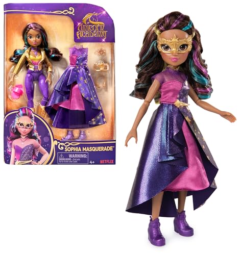 ACADEMIA UNICORNIO - Muñeca Articulada Sophia Baile de Máscaras de 24 cm con Cabello Arcoíris y 9 Accesorios - 6069399 - Juguetes Niña 4 años + Regalo Niña 4 años +