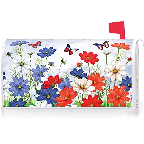 Image of Texupday USA Patriotic Butterfly Pansies Floral July 4th Mailbox Cover with Magnetic Strip Memorial Day Mailbox Wraps Post Letter Box Cover Standard Size 21 inch X 18 inch for Garden Outdoor Yard Decor