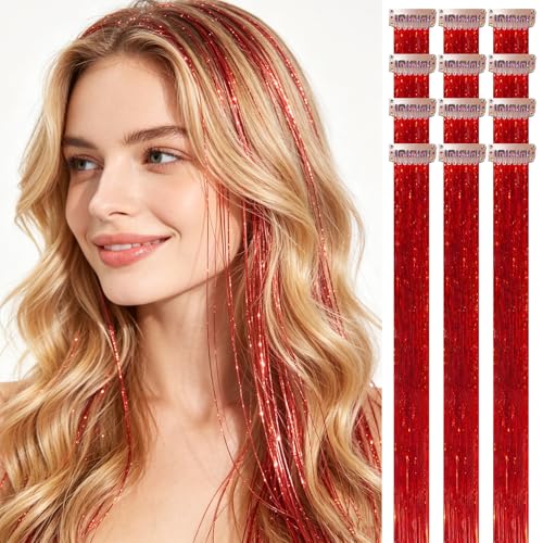 Handwig Shining Red Hair Tinsel 12 Pcs 24 Inch Clip In Hair Pieces