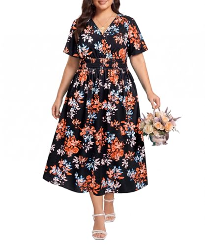 Image of CARCOS Plus Size Dresses for Curvy Women V Neck Summer Maxi Dress Short Sleeve Floral Boho Dress Smocked Waist Beach Dress