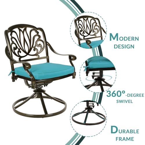 Image of MEETWARM 7-Piece Outdoor Patio Dining Set, All-Weather Cast Aluminum Patio Conversation Set for Backyard Garden Deck with 6 Cushioned Swivel Rocker Chairs, 1 Rectangular Table, Ocean Blue