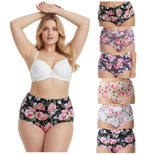 CHERSE Women&rsquo;s Underwear Cotton Panties High Waist Sexy Rose Flower Print 6 Pack Plus Size...