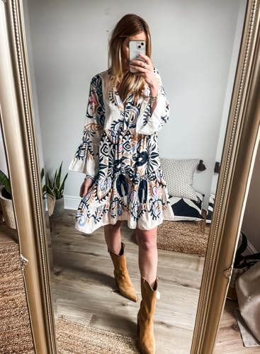 Image of miduo Womens Summer Dress Casual V Neck Buttoned 3 /4 Sleeve Bohemian Tribal Print Flowy Mini Dresses