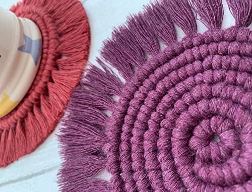 MTRXX Handmade Macrame Coasters Set of 4 – 4-Inch Round Cotton Drink Mats in BlackBerry Purple, Boho Fringe Coasters for Coffee Tables & Home Decor, Woven Table Accessories