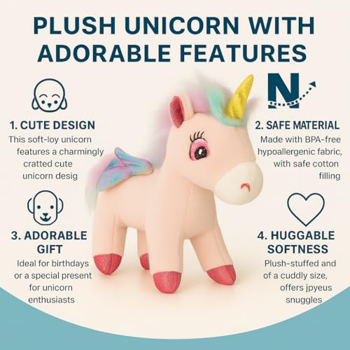 Image of Cute Unicorn Plush Toy for Kids | Soft Stuffed Animal with Sparkle Horn & Wings | Birthday Gift, Nursery Decor, Cuddly Sleep Buddy (Pink, 25 cm)