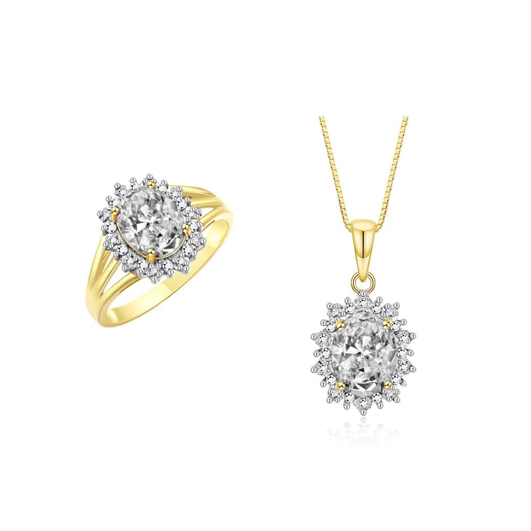 Rylos Women's Yellow Gold Plated Silver Princess Diana Ring &amp; Pendant Set. Gemstone &amp; Diamonds, 9X7MM Birthstone. Matching Friendship Jewelry, Sizes 5-10.