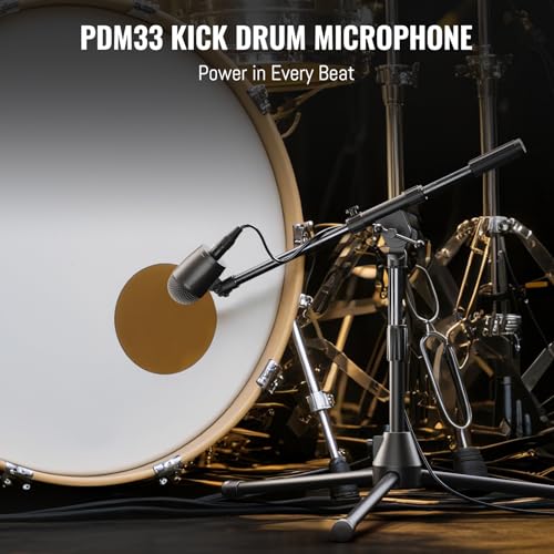 Image of Phenyx Pro PDM33 Kick Drum Microphone, Cardioid Dynamic Mic with Locking Stand Adapter, Integral XLR Connector, and Metal Mesh Grille